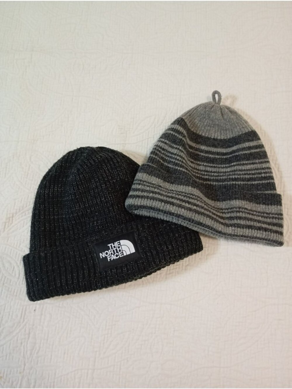 The North Face  J.Crew Beanies Lot  Black  Gray Striped Lambswool  Acrylic Blend